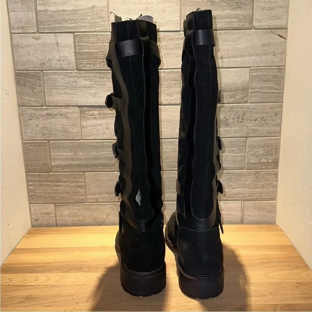 New Free People Tristie Buckle Strap Knee-High Biker Boots Black Leather US 9